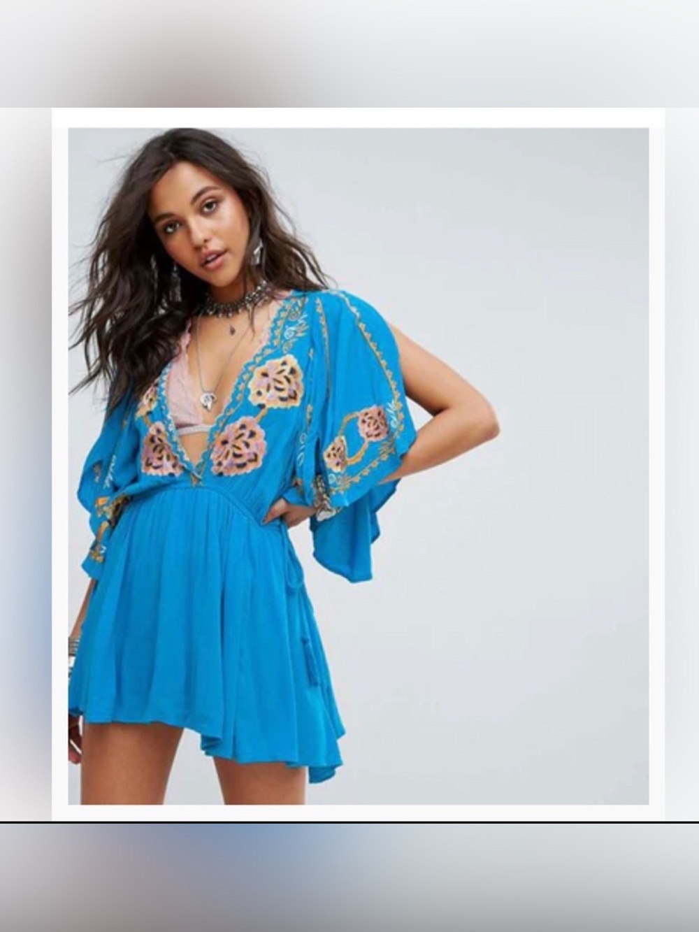 NWT Free People Cora Embroidered Mini Dress in Turquoise Size Large - Picture 3 of 16